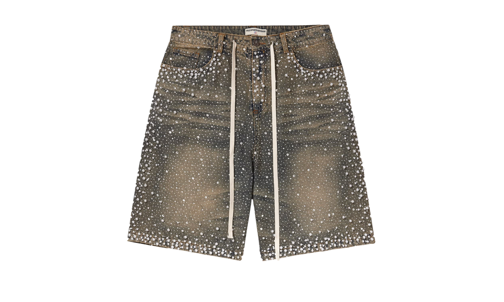 Jeweled Pearl Rainstorm Denim Shorts Mid Wash 54UTMQSN